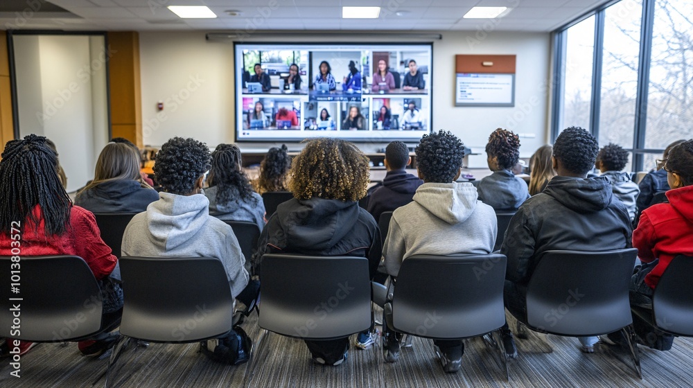 Aufkleber Students in a hybrid classroom setting with some attending in person and others joining virtually through a large screen fostering a blended learning environment Large space for text in center Stock