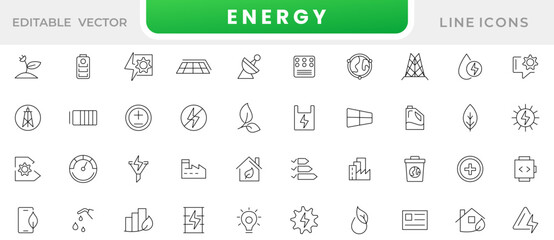 Energy line icon set. Energy, green, technology,  light, light bulb, net zero, eco, sustainable, station, oil factory, transportation. industry line icon set. UI thin line icon pack.