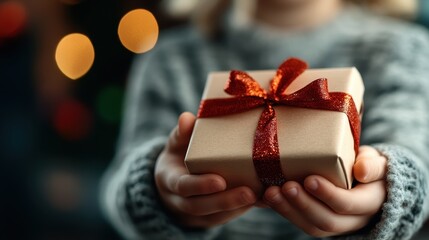 A close-up of a child presenting a small, beautifully wrapped gift adorned with a shimmering red ribbon bow, evoking feelings of generosity and holiday cheer.