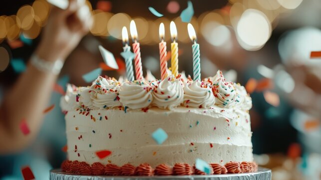 A festive cake decorated with lit candles and surrounded by vibrant confetti, setting a scene of joyous celebration and marking a special occasion filled with delight.