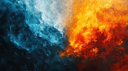 Dynamic abstract clash between fire and ice, with intense colors and textures representing the powerful opposition of heat and cold.
