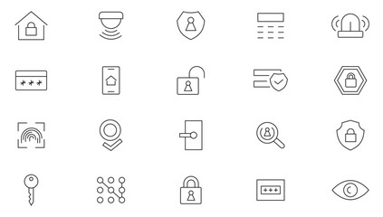 Home Security line icon set. Guard, cyber security, password, smart home, safety, data protection, key, shield, lock, unlock, eye, safety, data protection line icon set. UI thin line icon pack.