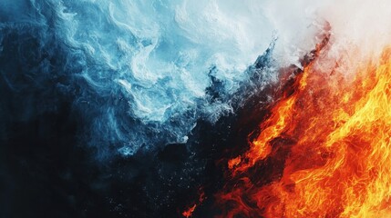 Naklejka premium Dynamic abstract clash between fire and ice, with intense colors and textures representing the powerful opposition of heat and cold.