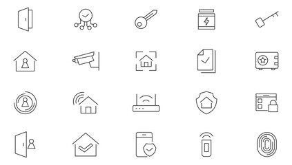 Home Security line icon set. Guard, cyber security, password, smart home, safety, data protection, key, shield, lock, unlock, eye, safety, data protection line icon set. UI thin line icon pack.