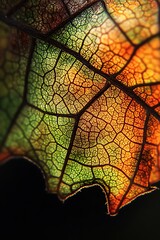 Obraz premium Close up of vibrant leaf veins with green, orange, and red colors