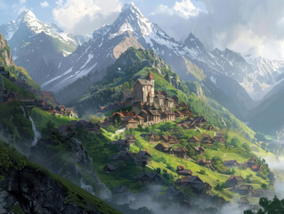 A high-altitude mountain village nestled between the hills, surrounded by alpine meadows