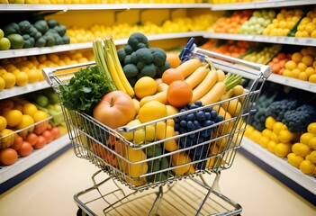 A shopping cart on a yellow background with bright lighting