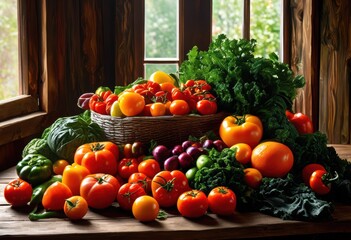 stylish arrangement vibrant fruits vegetables showcasing bright colors fresh textures, display, organic, healthy, ripe, produce, aesthetic, design