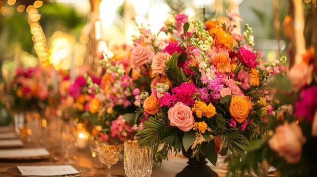 A table decorated with vibrant pink, orange and yellow floral arrangements.