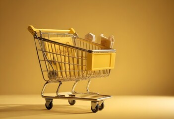 A shopping cart on a yellow background with bright lighting