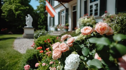 A lush garden filled with blooming roses and hydrangeas leads up to a picturesque mansion, epitomizing elegance, beauty, and serene nature in summer bloom.