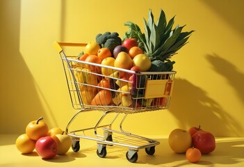 A shopping cart on a yellow background with bright lighting