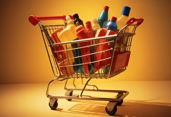 A shopping cart on a yellow background with bright lighting