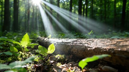 Fototapeta premium Sunrays dance across the forest floor, highlighting the vibrant green leaves and fallen logs, creating a picturesque scene of nature's tranquil and lively coexistence.