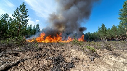 Bright flames engulf rows of pine trees, releasing dark smoke into the sky. The immense wildfire spreads rapidly, demonstrating the fierce force of nature.