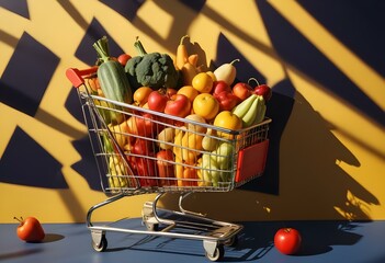 A shopping cart on a yellow background with bright lighting
