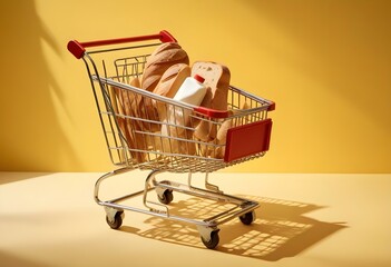 A shopping cart on a yellow background with bright lighting