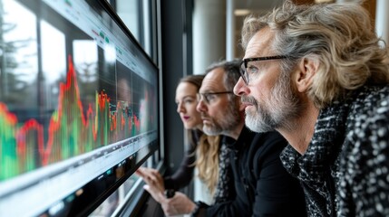 A team of analysts closely monitors volatile financial market data on large digital screens, reflecting focus, precision, and the dynamic nature of global finance.