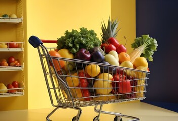 A shopping cart on a yellow background with bright lighting