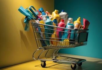 A shopping cart on a yellow background with bright lighting