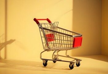 A shopping cart on a yellow background with bright lighting