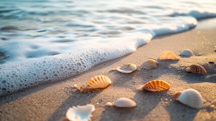 Seashells scattered along a sandy beach with gentle waves washing over them, capturing a peaceful and natural coastal moment.
