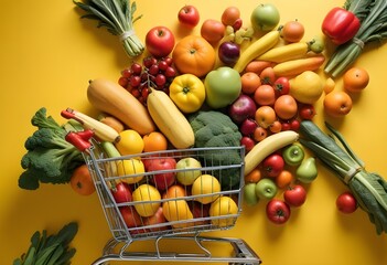 A shopping cart on a yellow background with bright lighting