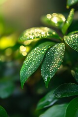 Close up of dew drops on green leaves, nature background.