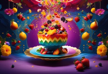 Fototapeta premium vibrant gravity defying food featuring culinary art colorful backgrounds, gourmet, dishes, ingredients, texture, presentation, dining, recipes, cuisine