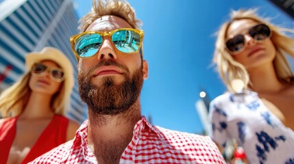 Obraz premium A stylish bearded man in reflective sunglasses, standing confidently amidst a vibrant urban environment, encapsulating the essence of a modern summer day.