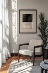 A cozy room features a stylish armchair, abstract artwork, and a plant, with sunlight streaming through sheer curtains.
