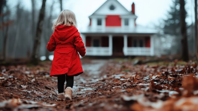 A small girl in a red coat wanders up a leaf-strewn path to a welcoming country house in the background, embodying innocence and wonder on an autumn day.