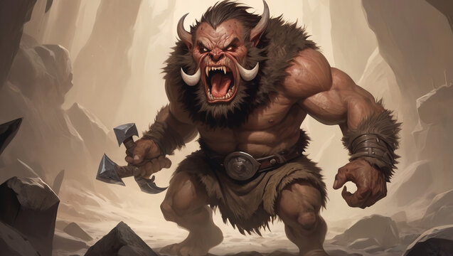 ilustrasi Bugbear barbar yang menggeram sambil memegang kapak