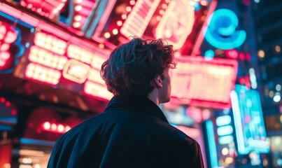 Silhouetted man looking at bright neon signs.