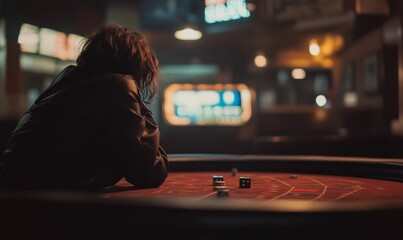 A person sitting at a dimly lit craps table.