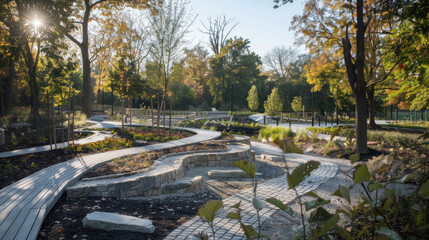 A historic park restoration with carefully preserved walkways, old-growth trees, and original water features