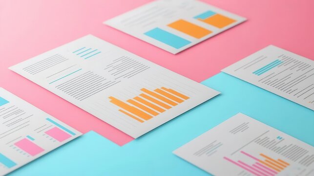 Colorful report documents with graphs and charts on a vibrant pink and blue background, perfect for business presentations.