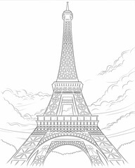 Obraz premium A black-and-white illustration of the Eiffel Tower, with its distinct architectural features highlighted.