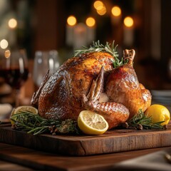 A whole roasted turkey displayed on a wooden board, with sprigs of rosemary and slices of lemon as garnish