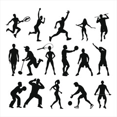 Black silhouettes of people exercising in various poses