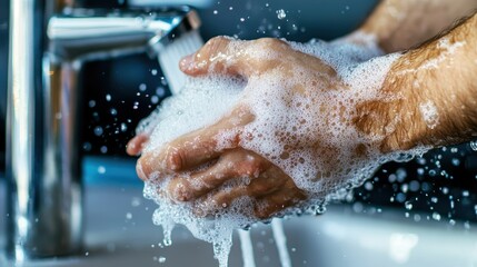 Fototapeta premium An image capturing hands being washed under a running faucet, creating abundant soap bubbles, signifying hygiene and cleanliness through a refreshing perspective.