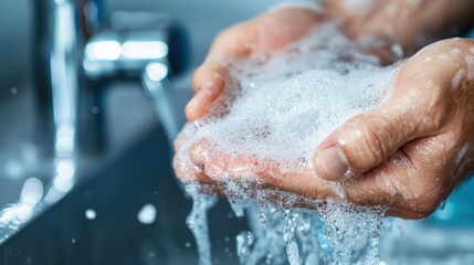 Fototapeta premium Hands under a running sink tap, with water and soap flowing richly, highlighting the necessity for good personal hygiene through a detailed, flowing composition.