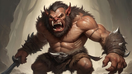 ilustrasi Bugbear barbar yang menggeram sambil memegang kapak