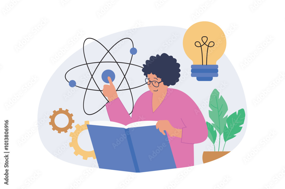 Aufkleber education concept in modern flat design for web. woman work as teacher, explaining physics at lesson