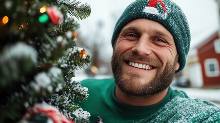 A cheerful man wearing a green beanie smiles warmly while standing beside a decorated Christmas...