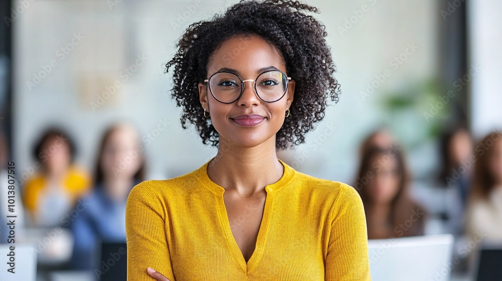 Poster Young adult attending a remote lecture focused intently on the computer screen with educational diagrams visible promoting engagement in higher education Large space for text in center Stock Photo