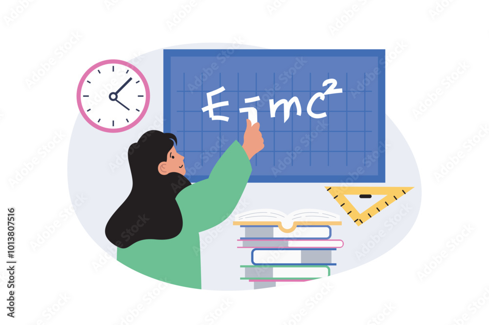 Poster education concept in modern flat design for web. woman explaining physics at lesson in school, writi
