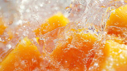 Bright Orange Background with Water Splash and Mango Pieces Texture