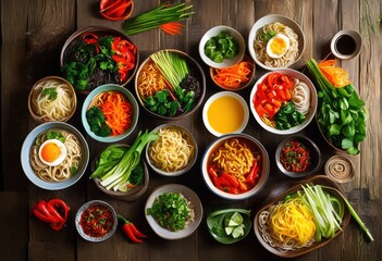 colorful steamy bowls displaying variety noodles fresh vegetables surrounded lively ingredients, food, spicy, grain, plate, garnish, herb, vegan, hot, soup