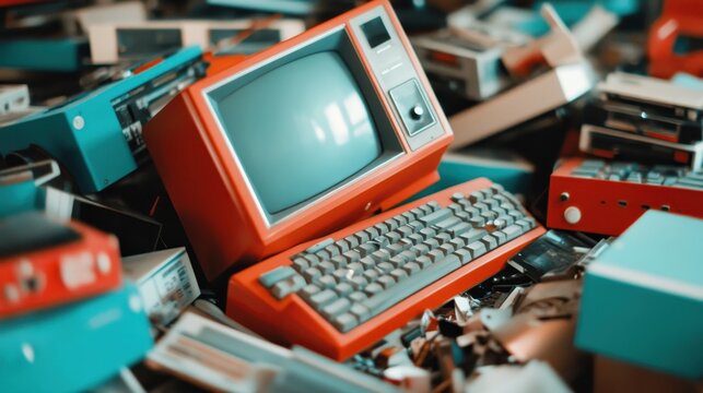 A vintage computer with a CRT monitor and keyboard lies amid a chaotic pile of outdated electronic equipment, representing obsolescence and nostalgia.